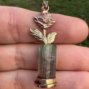 RARE CUSTOM MADE! Solid 14k gold genuine watermelon tourmaline flower pendant t
